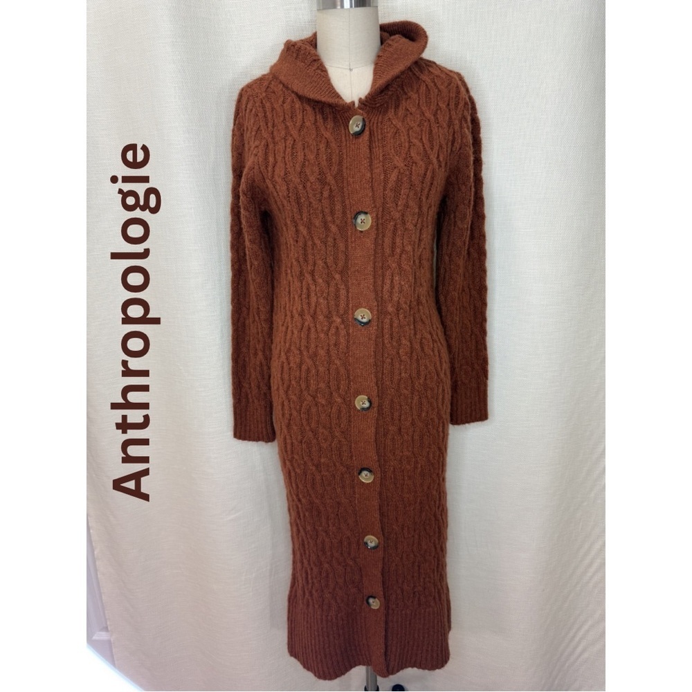 Anthropologie Sweater Dress Cable Knit Hooded Button Front Cozy Chic XS